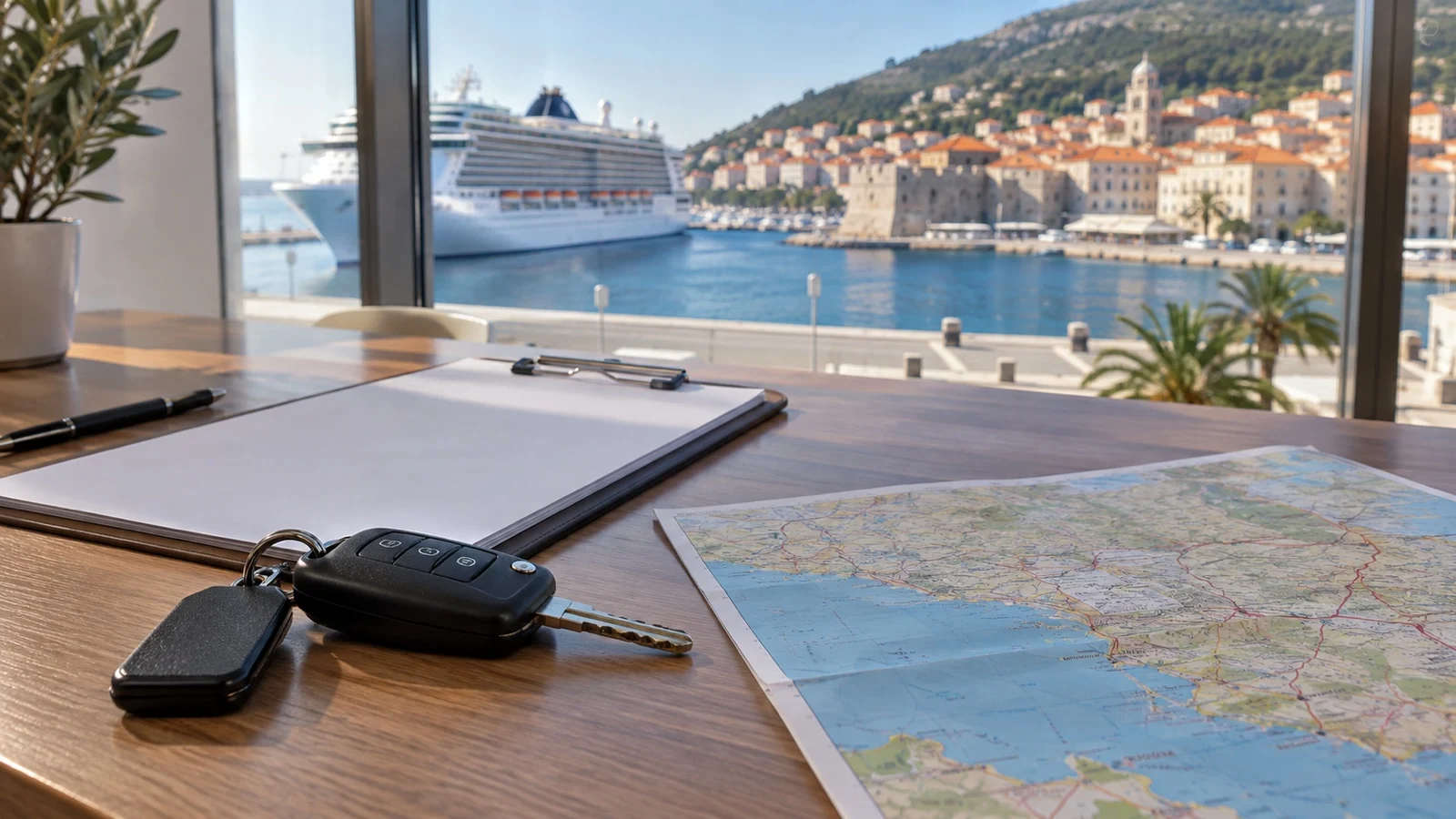 Rental car keys, blank agreement, and local road map on a desk, no readable text