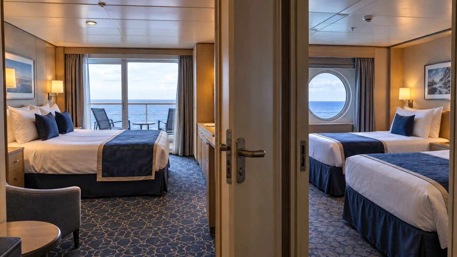 Two empty connecting cruise cabins with open internal door and made beds