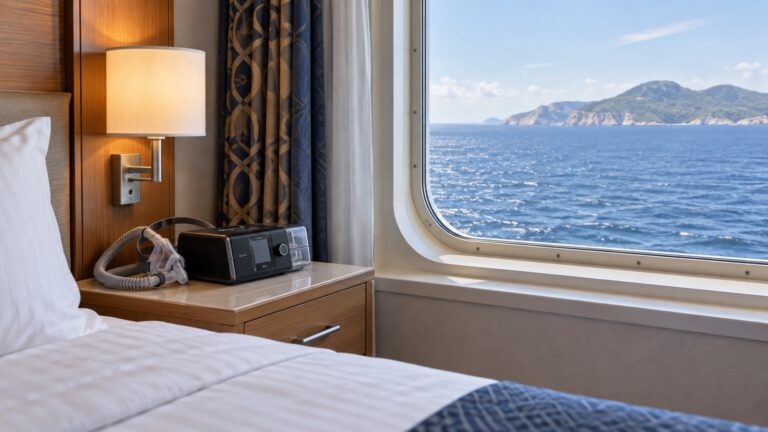 CPAP machine on an empty cruise cabin bedside table beside a sea-view window