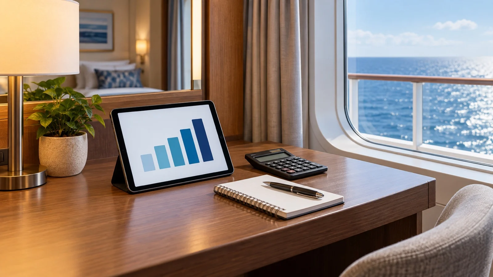 Unlabeled onboard account screen and calculator on a cruise cabin desk, no readable text