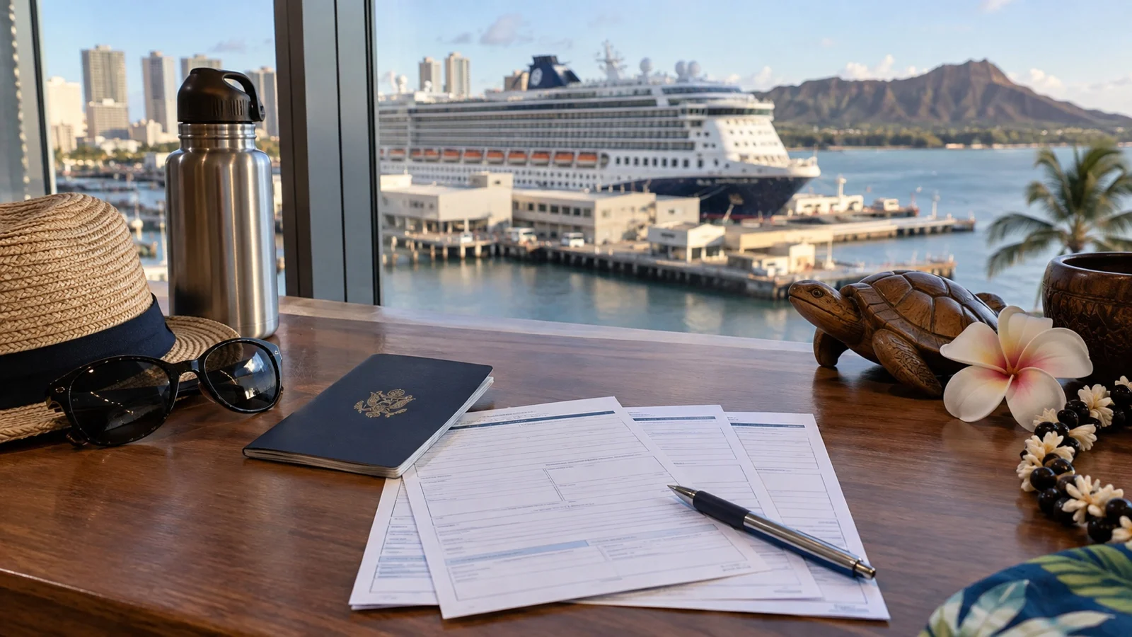 Blank customs declaration papers beside passport and travel items overlooking cruise port