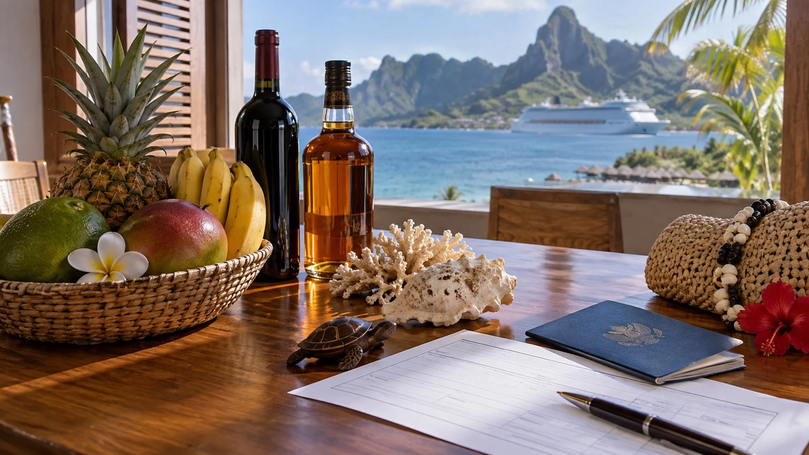 Blank customs declaration form, passport, and souvenirs on desk, no readable text