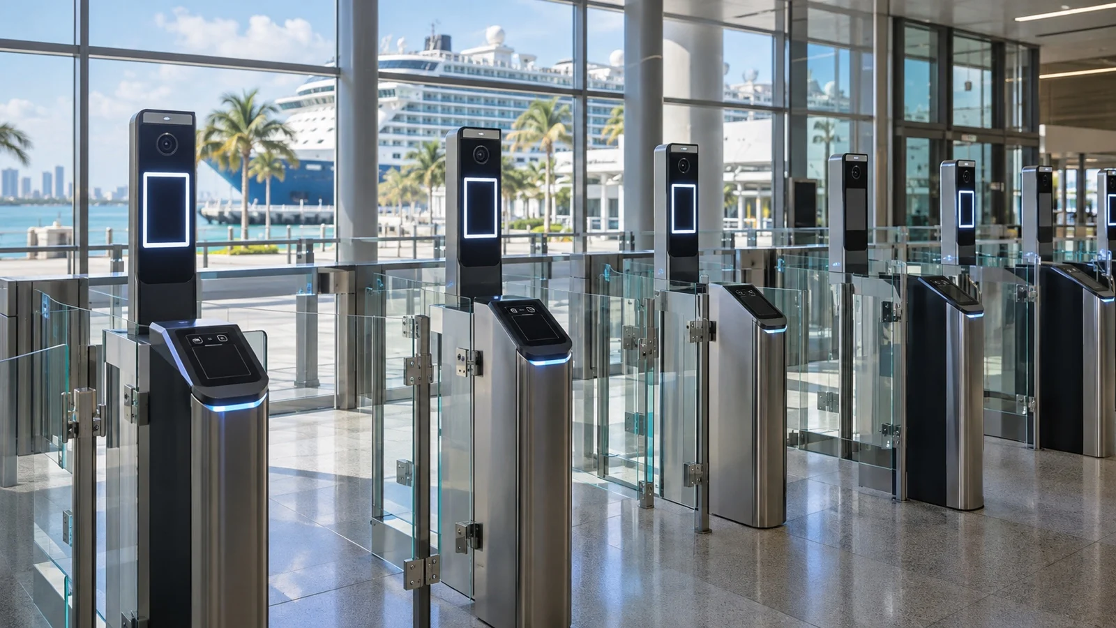 Empty facial-recognition border gate in US cruise terminal, no human faces