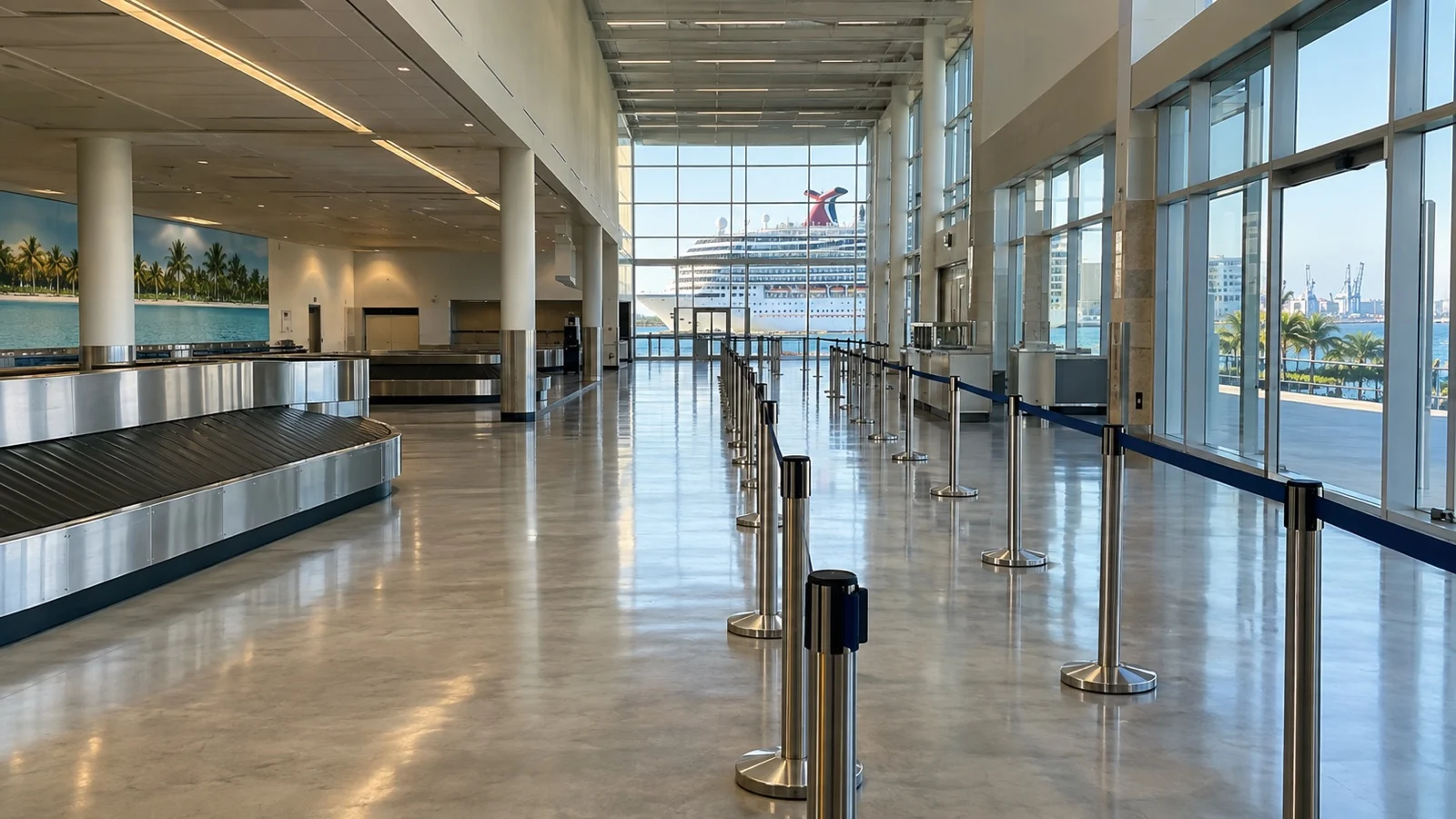 Empty cruise terminal customs corridor and baggage area