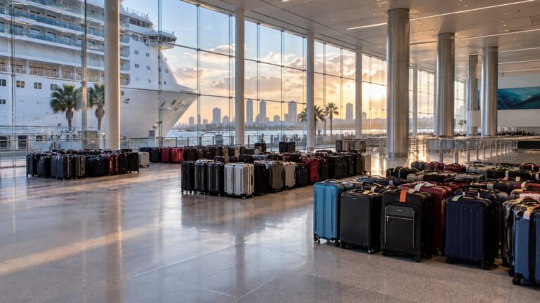 Empty cruise terminal luggage hall with sorted suitcases