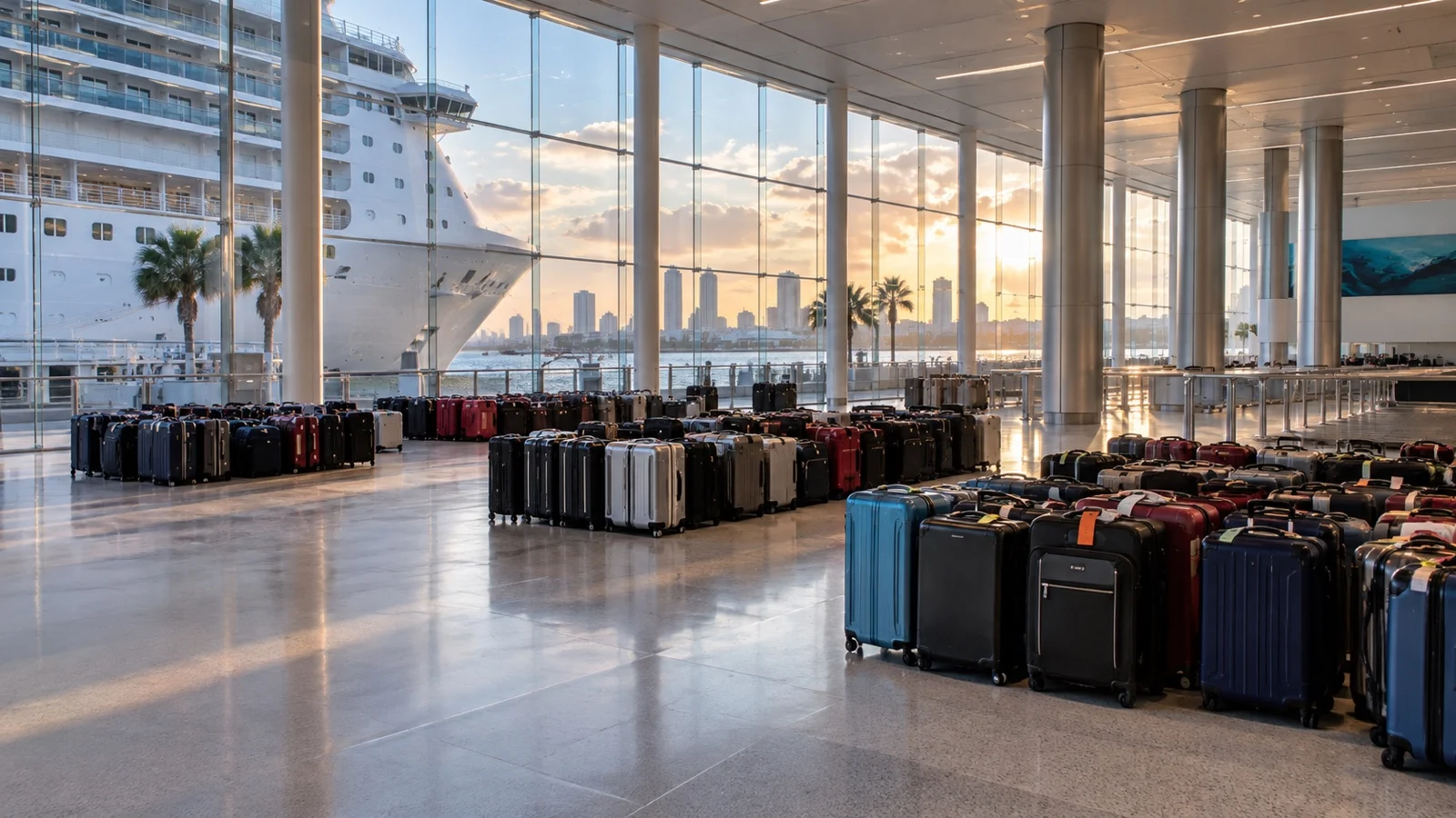 Empty cruise terminal luggage hall with sorted suitcases
