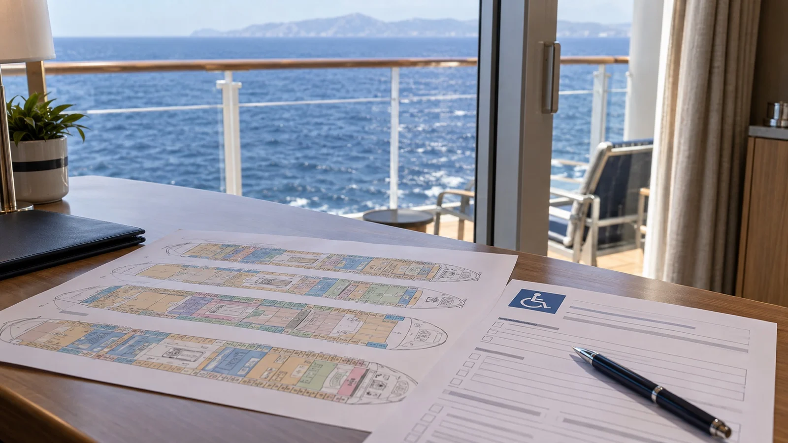 Unlabeled cruise ship deck plan and accessibility request form on a desk, no readable text