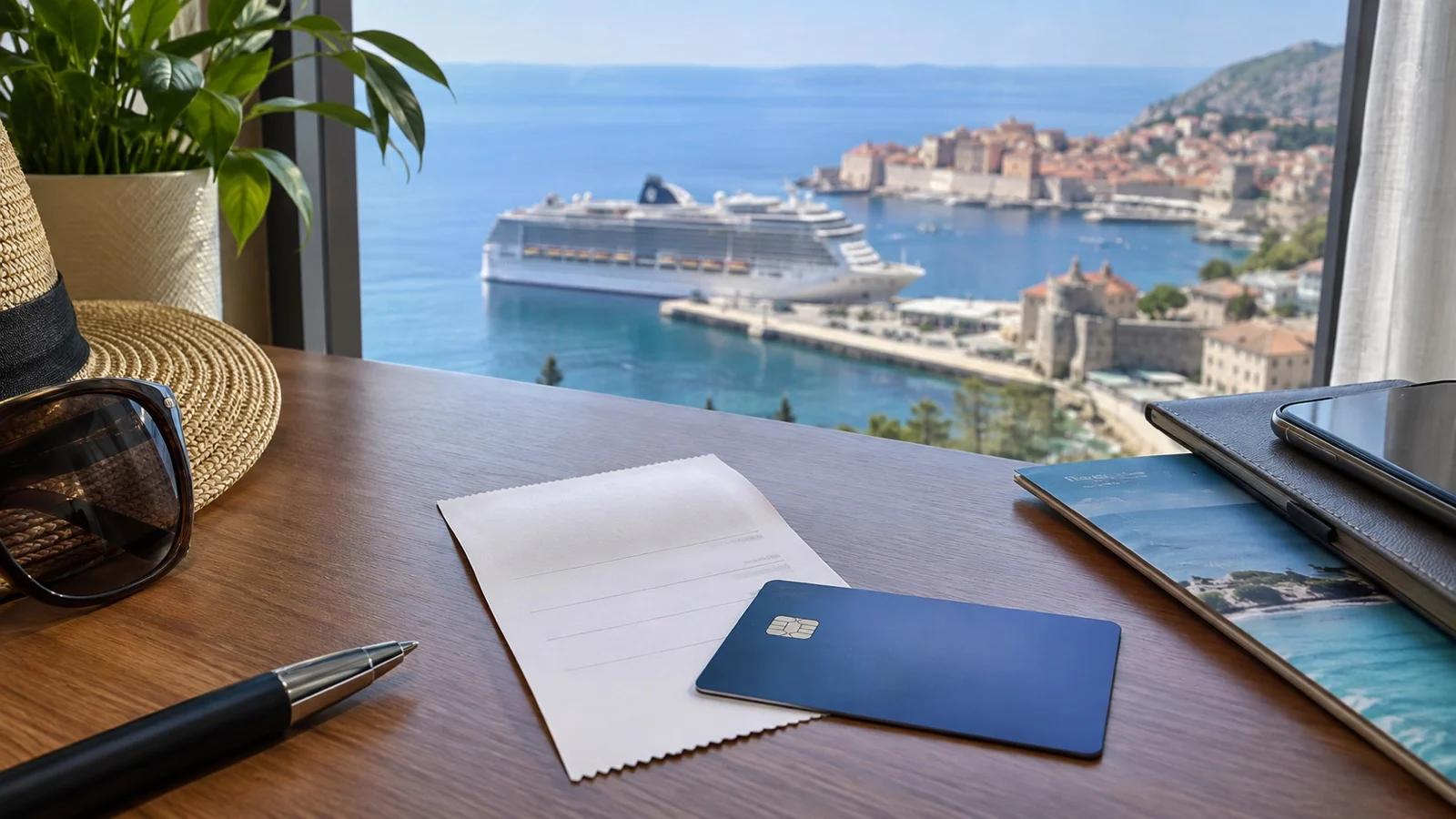 Blank cruise deposit receipt and credit card on a desk, no readable text