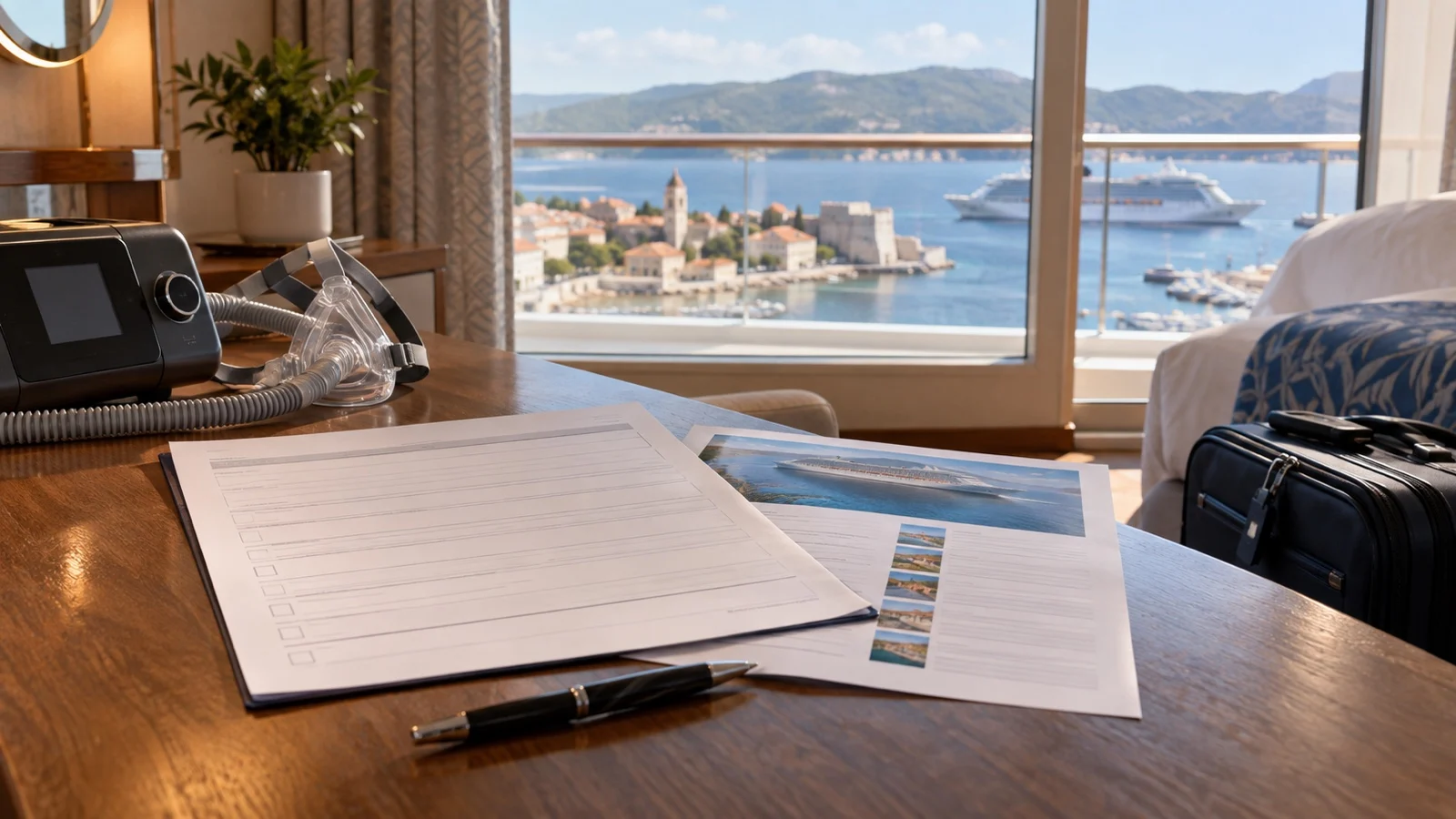 Blank medical clearance paperwork and ship itinerary on a desk, no readable text