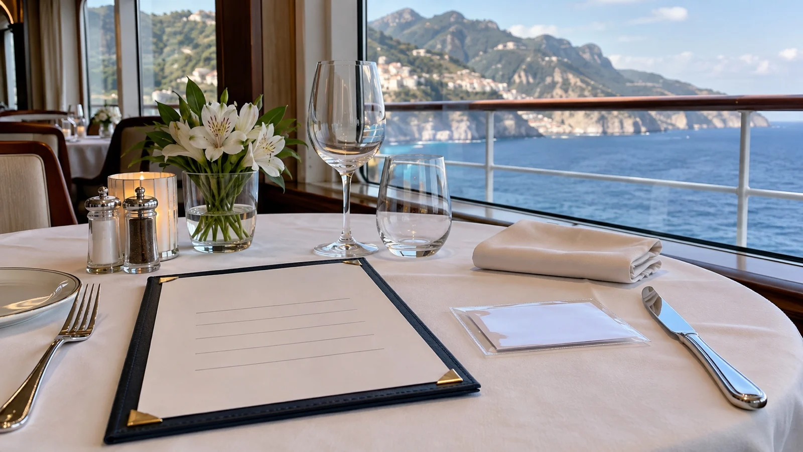 Unbranded menu with blank lines beside a sealed food allergy card on an empty cruise dining table