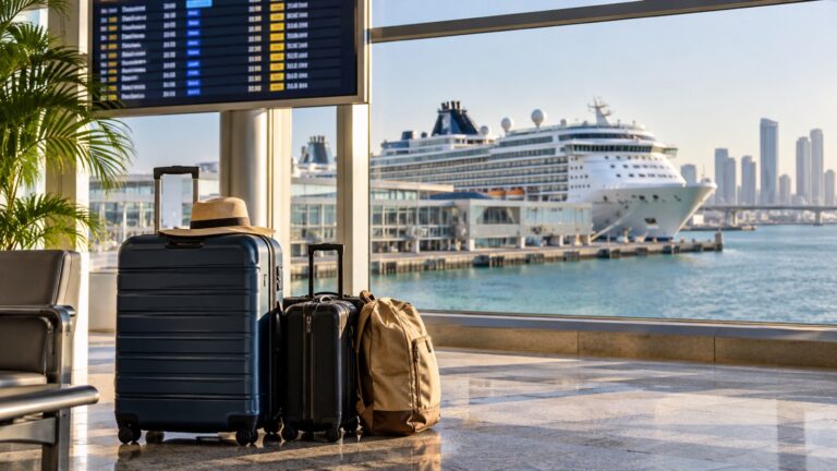 Cruise ship at morning terminal with airport departure board and luggage in foreground, no readable text