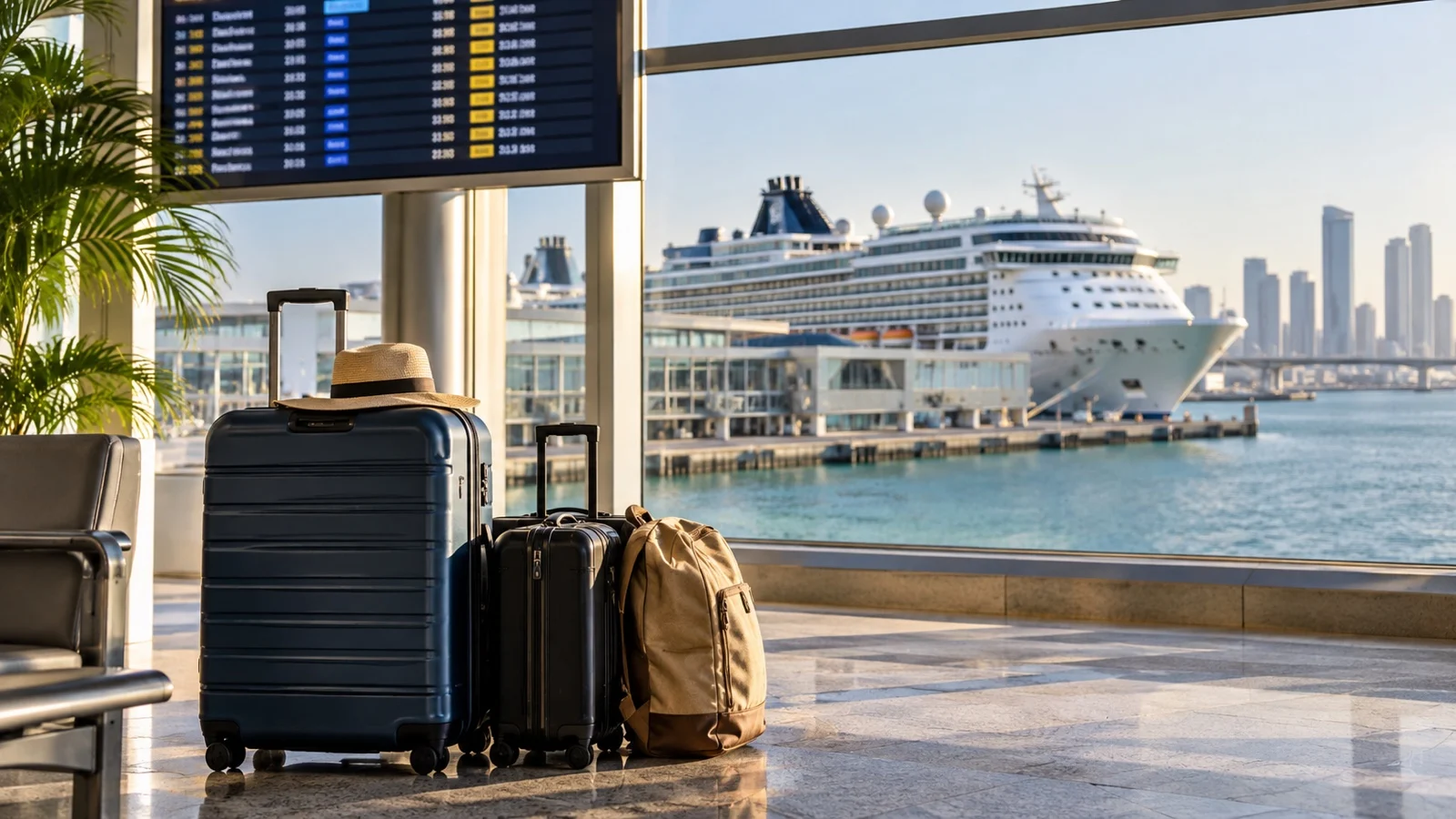 Cruise ship at morning terminal with airport departure board and luggage in foreground, no readable text