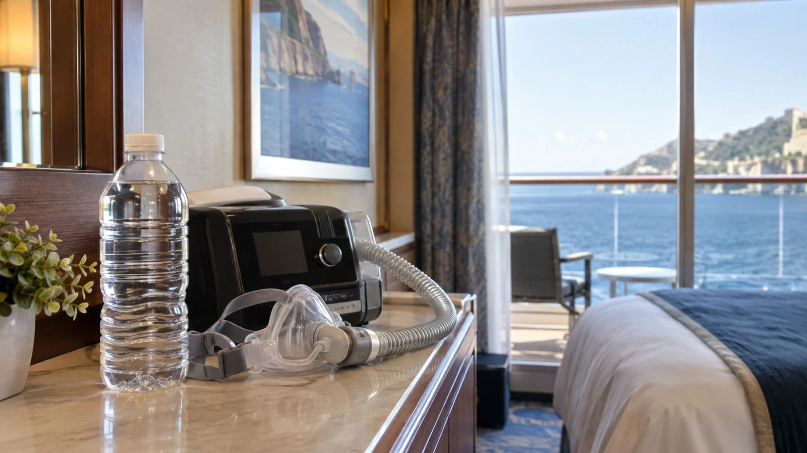 Unbranded distilled water bottle and CPAP machine on a cruise cabin counter