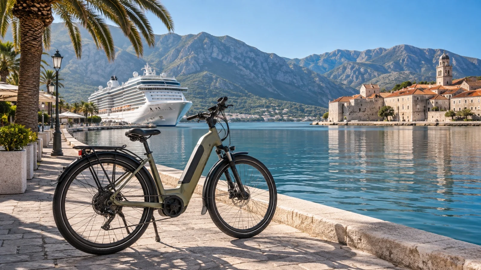 Electric rental bicycle parked beside cruise port promenade