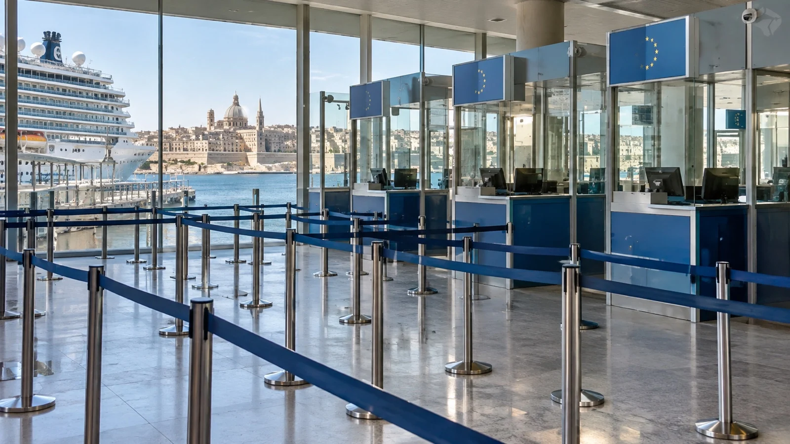 Empty roped passport queue at cruise terminal with multiple booths