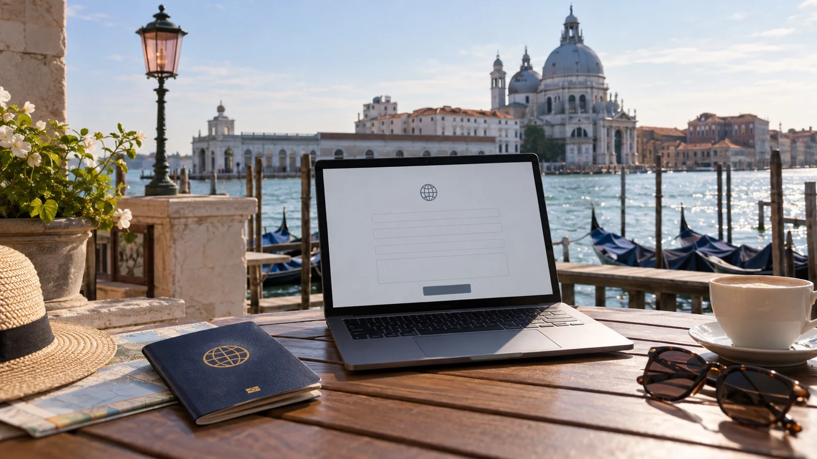 Laptop displaying blank travel authorization page beside passport, no readable text
