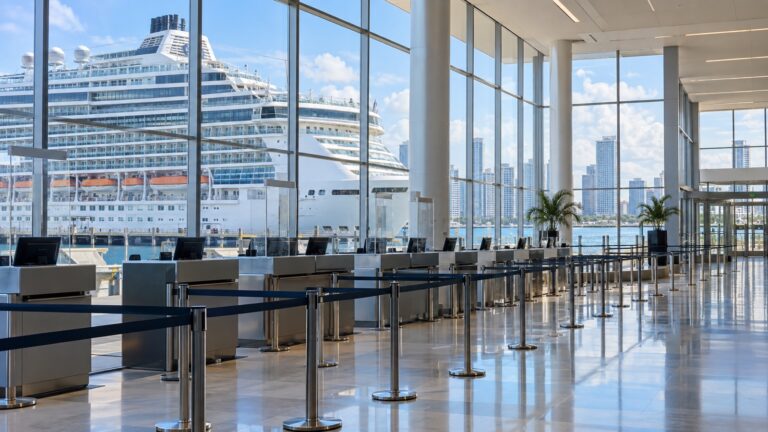 Empty cruise terminal check-in area with ship through windows