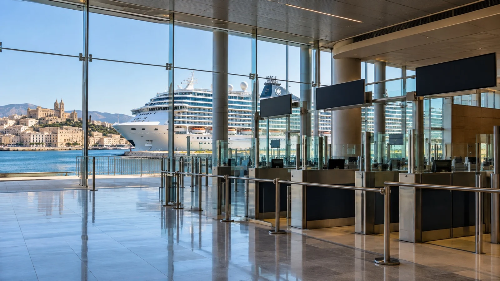 Cruise ship docked at Mediterranean port with empty immigration hall in foreground