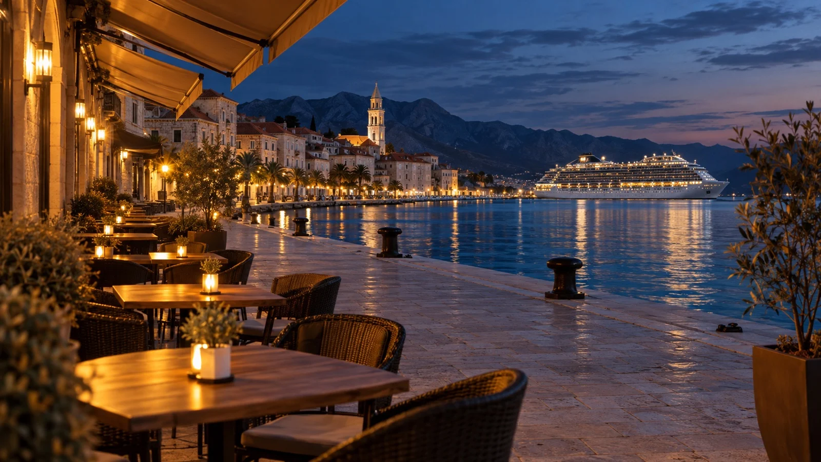 Empty port-city waterfront cafe terraces at blue hour with ship in harbor