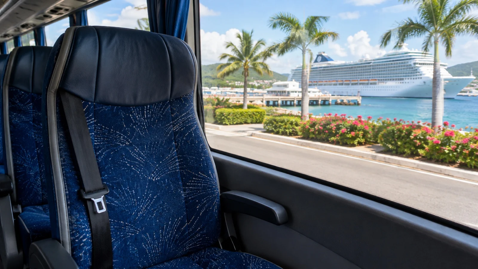 Empty excursion coach seat with seat belt visible