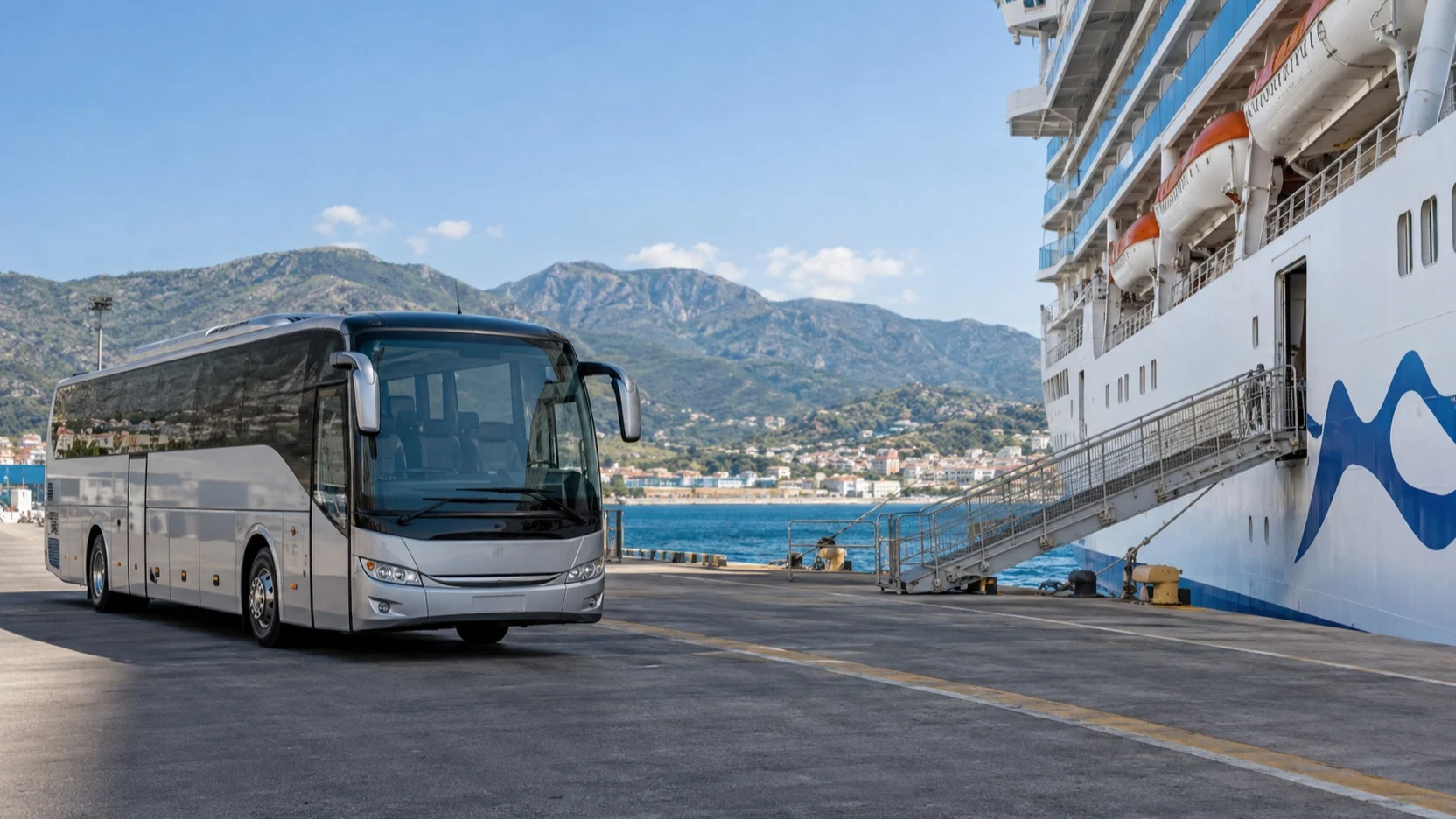 Empty excursion coach parked beside a cruise ship gangway