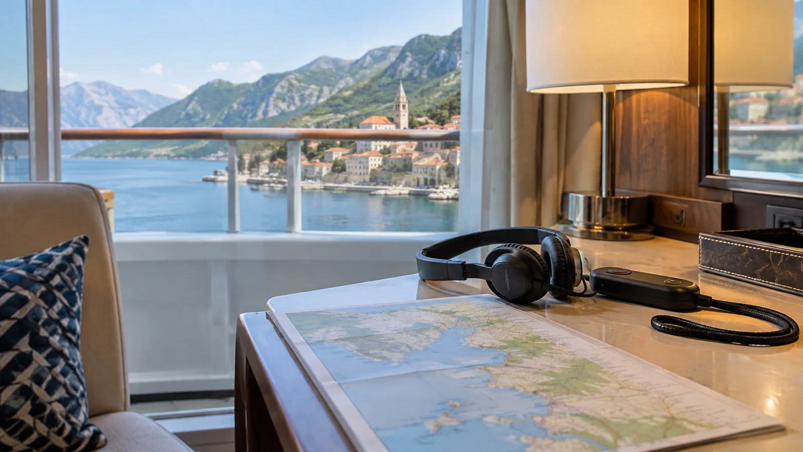 Portable hearing assistance headset and blank shore map on a cruise cabin desk