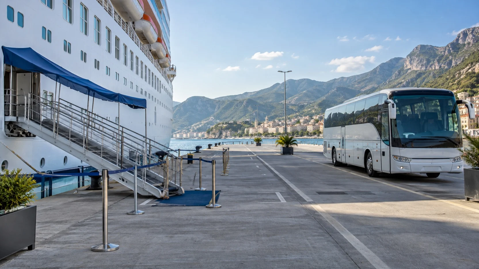 Empty excursion coach beside a cruise ship gangway