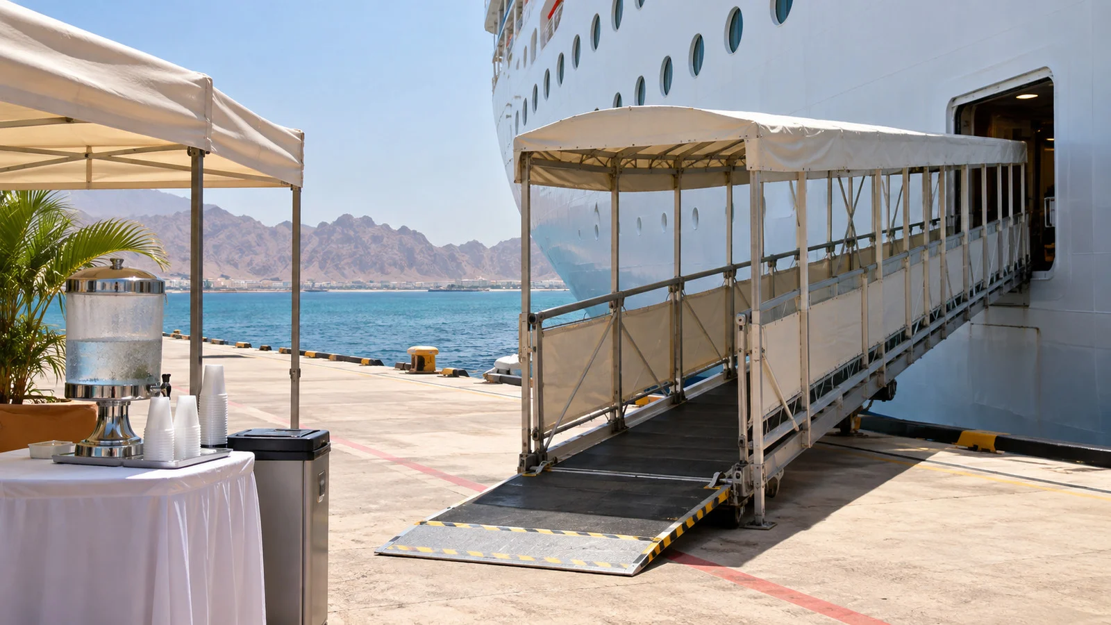 Covered cruise gangway and water station on a hot port day