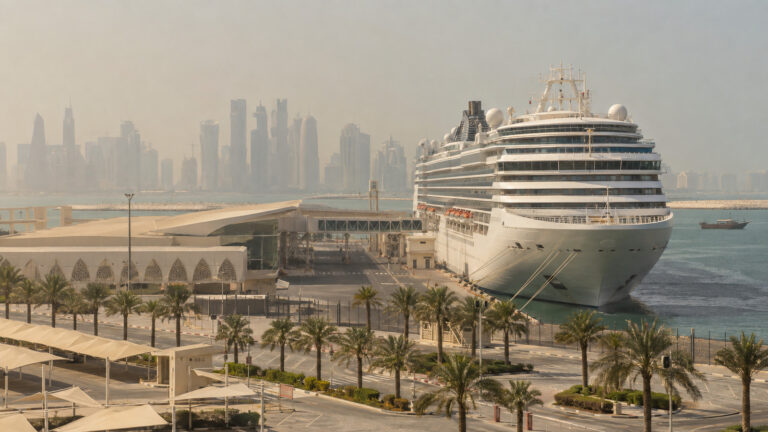 Cruise ship at Doha port under summer heat haze