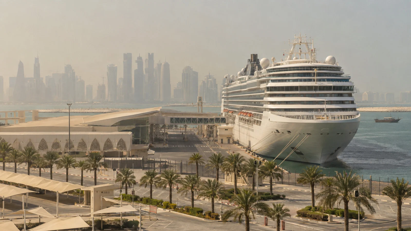 Cruise ship at Doha port under summer heat haze