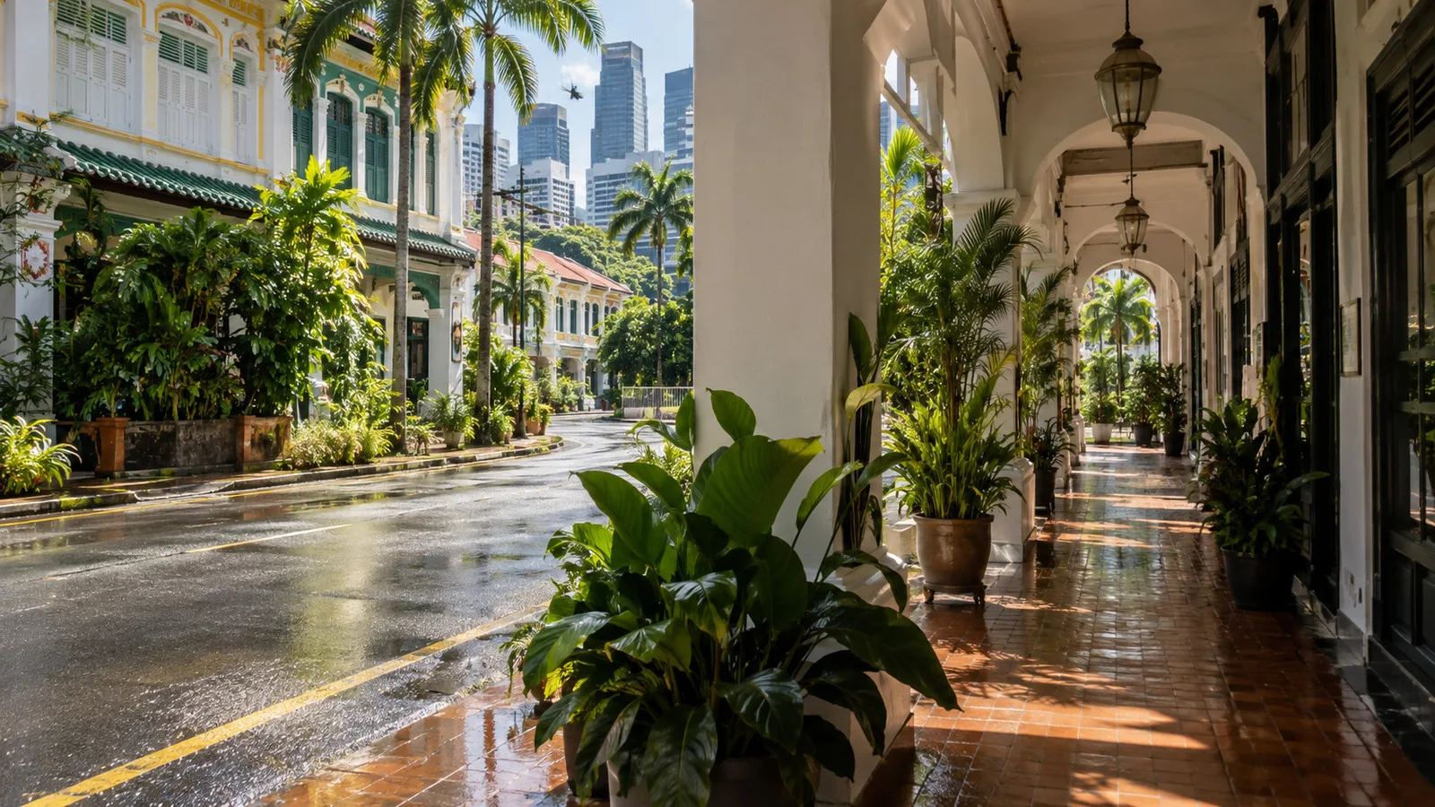 Humid tropical street in Singapore with shaded arcades
