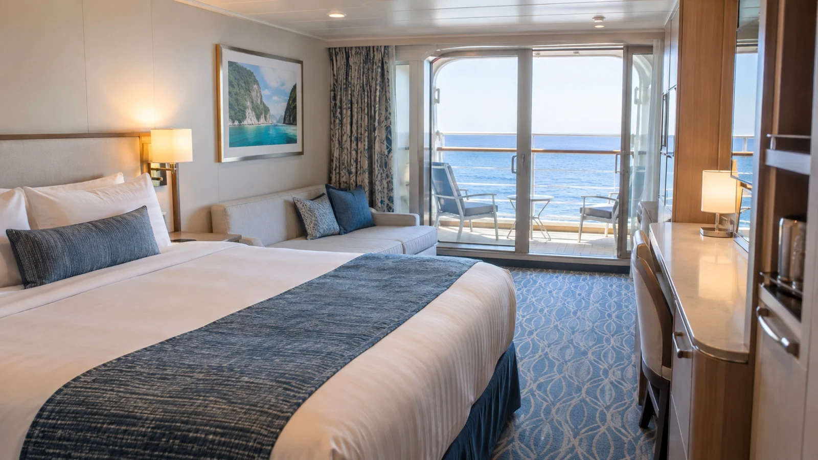 Empty cruise cabin with adult bed and child-sized sofa bed