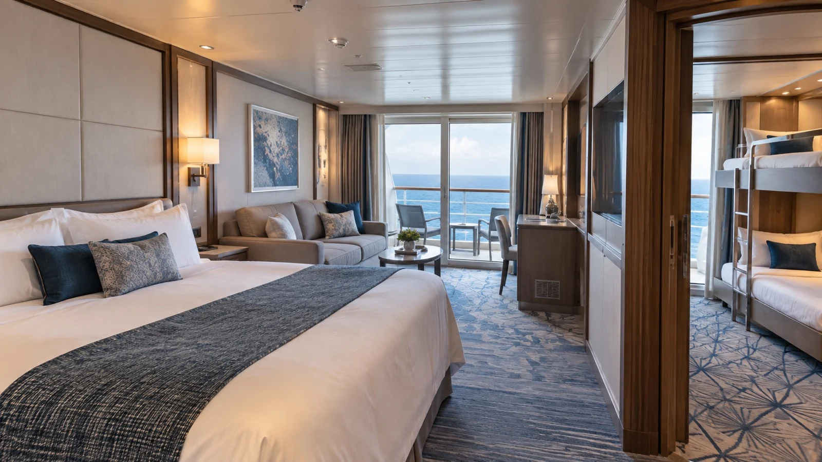 Empty family cruise suite with main bed, sofa bed, and connecting alcove