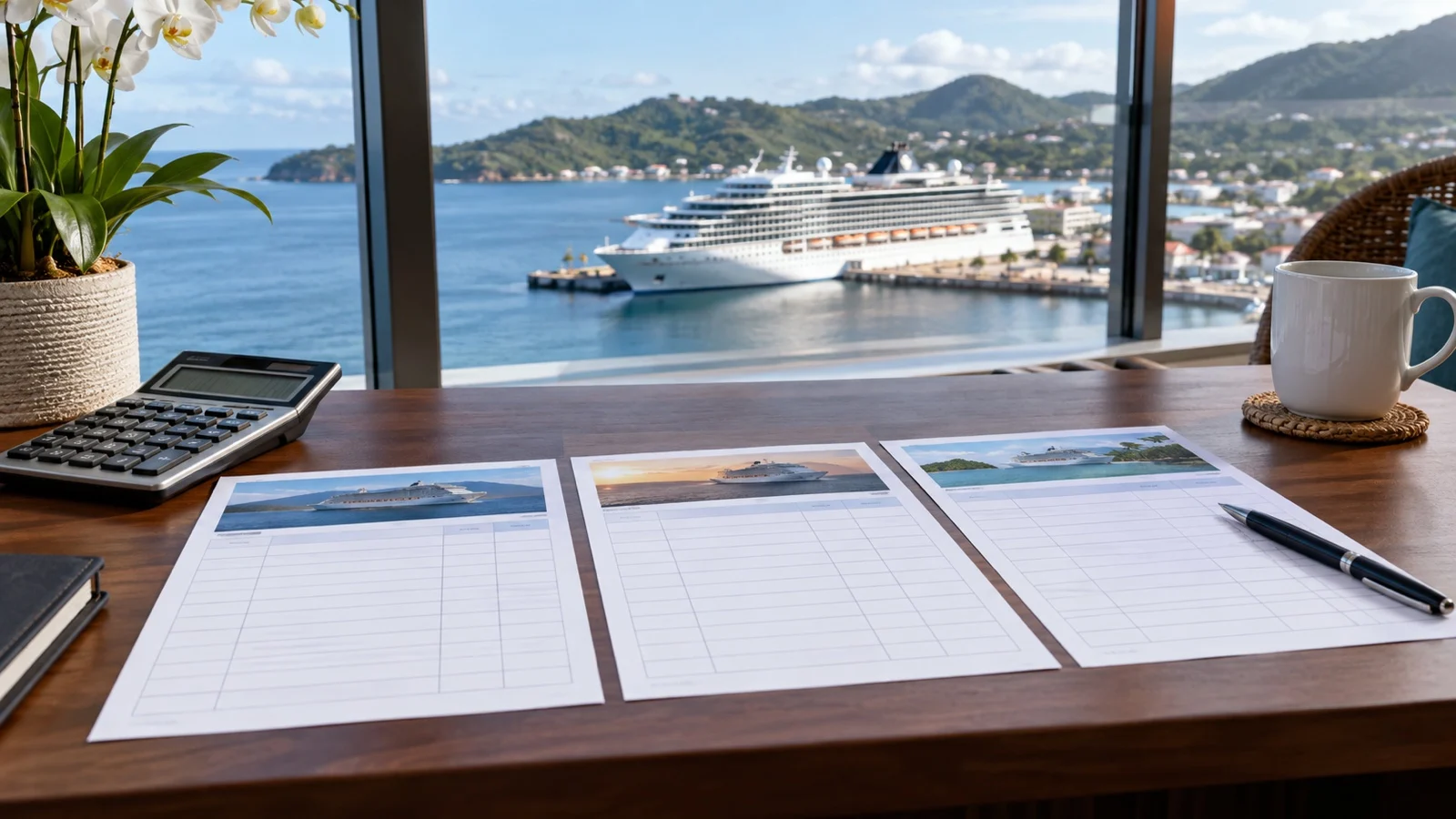 Three blank cruise fare comparison sheets and calculator on desk