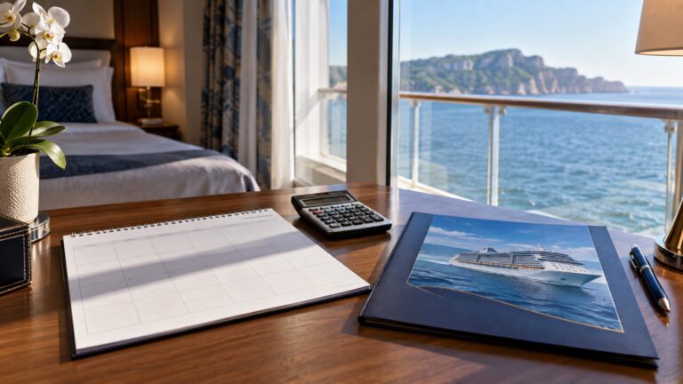 Blank calendar, calculator, and cruise booking folder on cabin desk