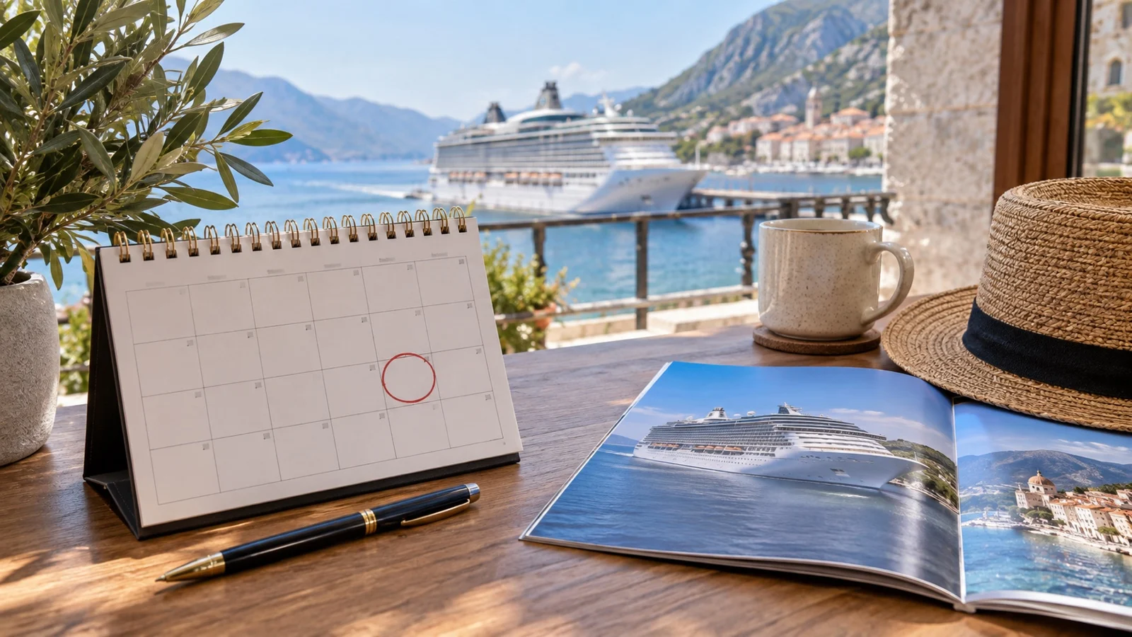 Blank calendar with marked payment date beside cruise ship brochure