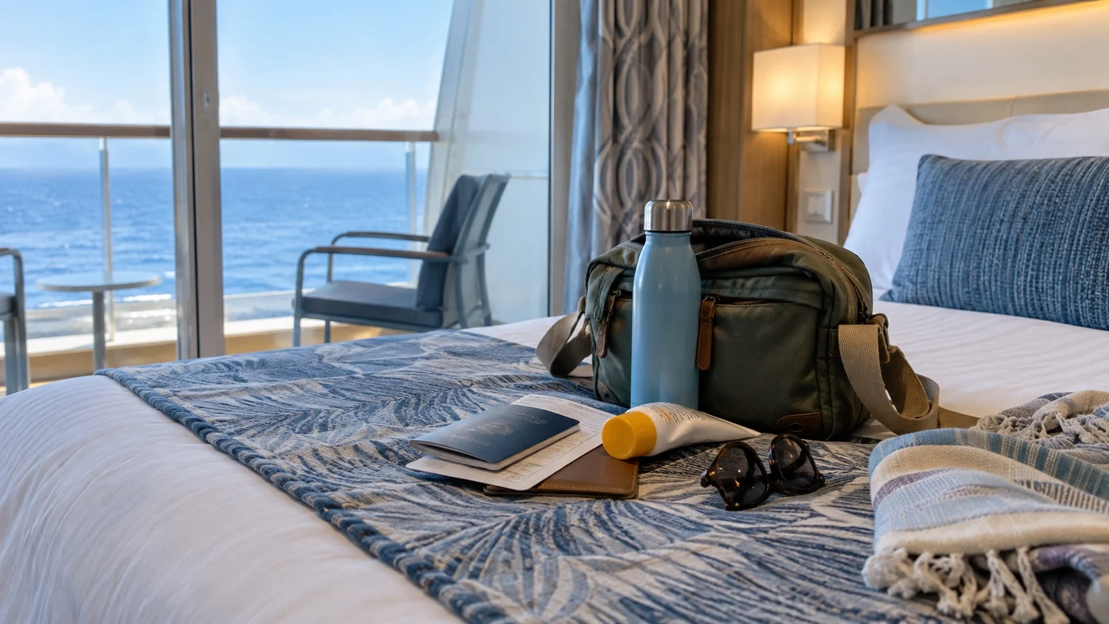Small day bag with sunscreen, documents, and water on a cruise cabin bed