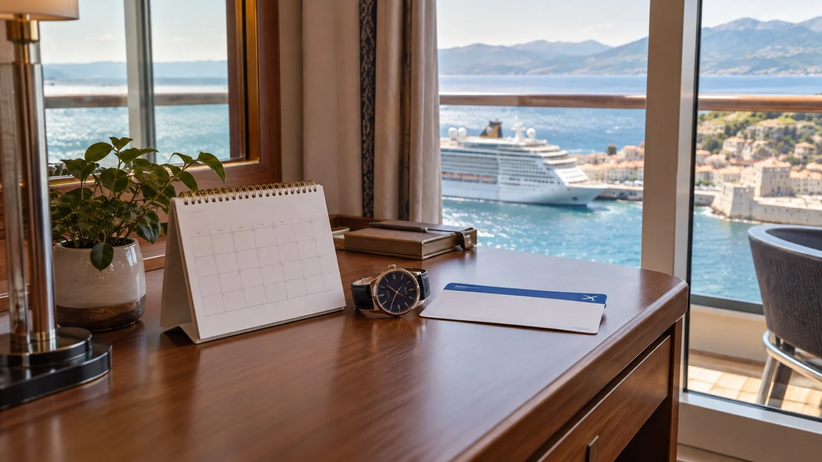 Blank travel timeline, watch, and flight ticket on a cruise cabin desk