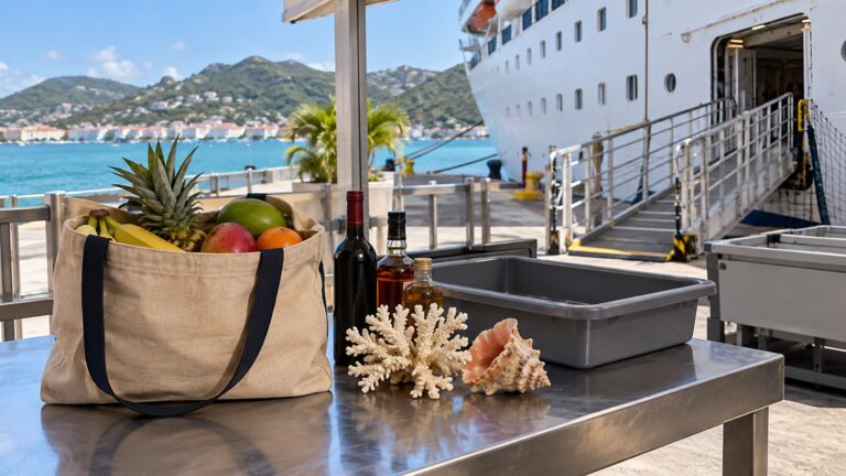 Fresh fruit in a bag beside cruise ship gangway with customs inspection table, no people