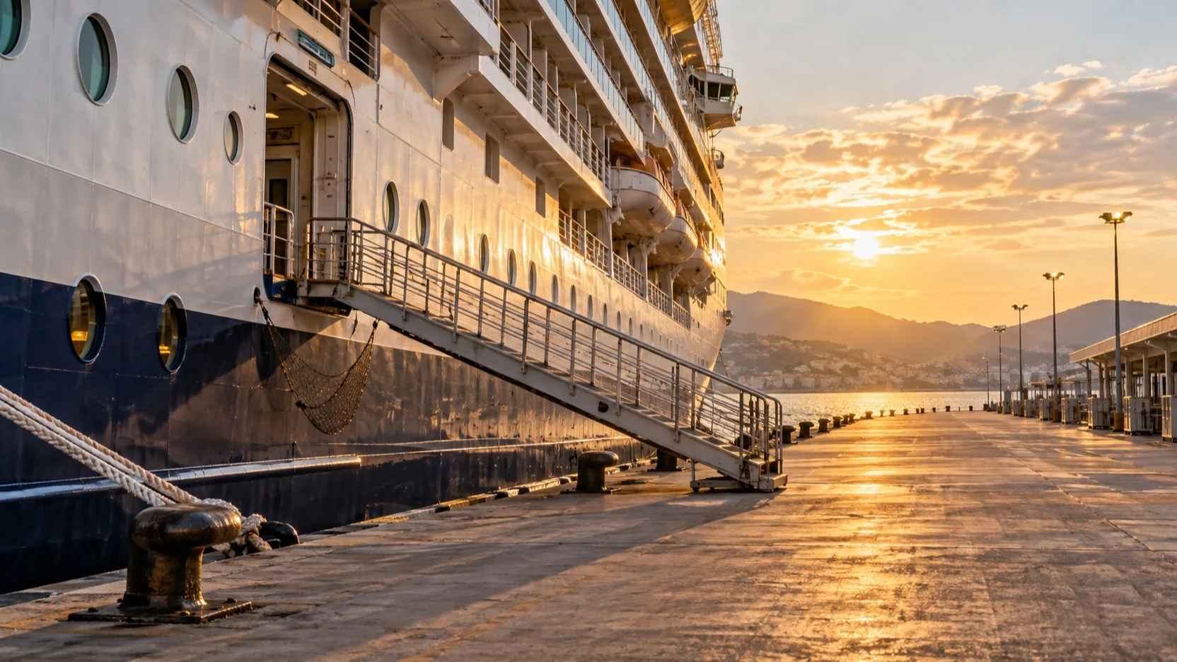 Empty cruise gangway and pier in late afternoon light
