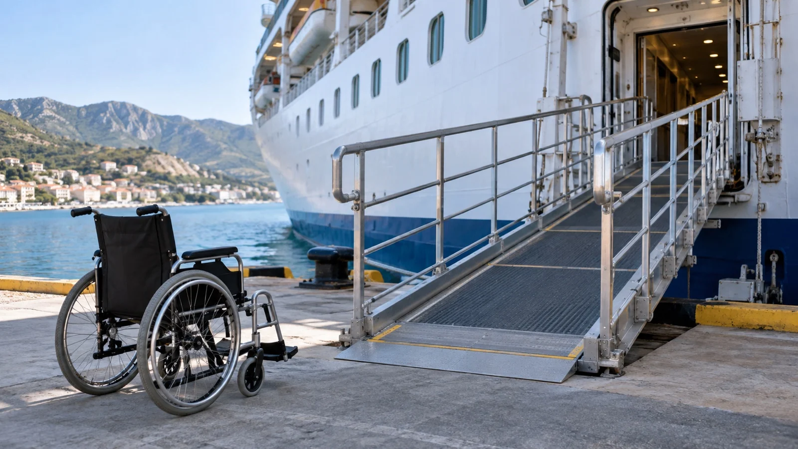Empty accessible gangway with wheelchair parked at the pier and ship beyond
