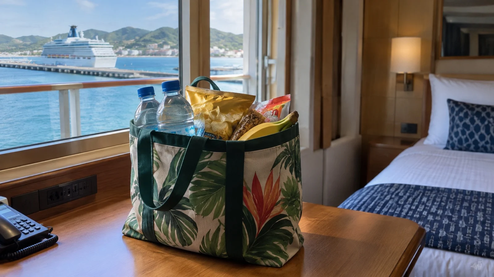 Reusable shopping bag with water and snacks on empty cruise cabin desk