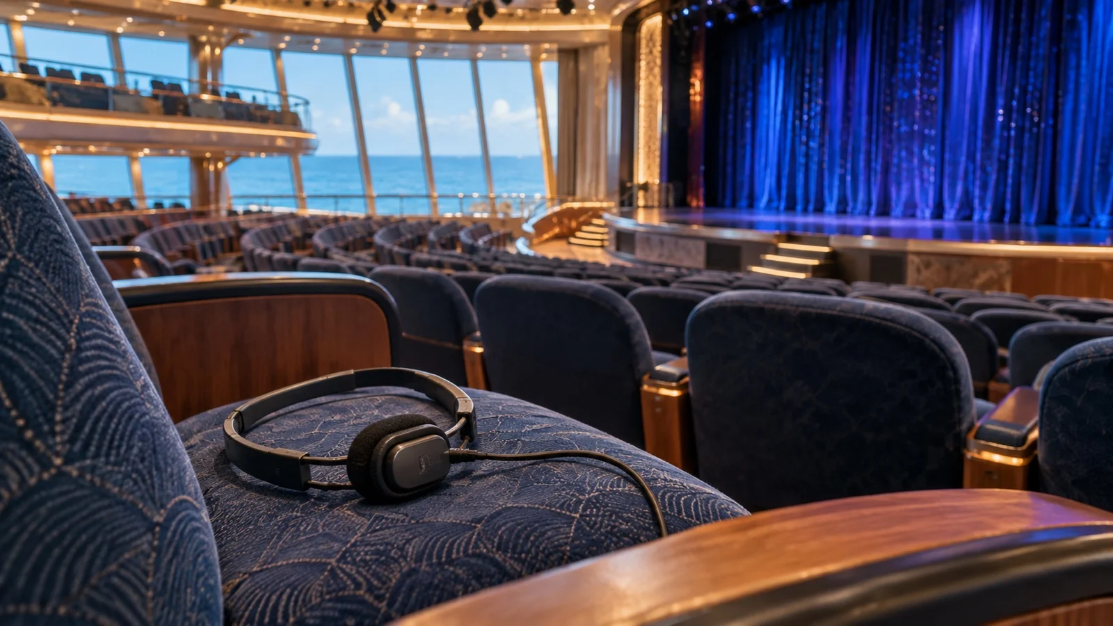 Hearing assistance headset on an empty cruise ship theater seat