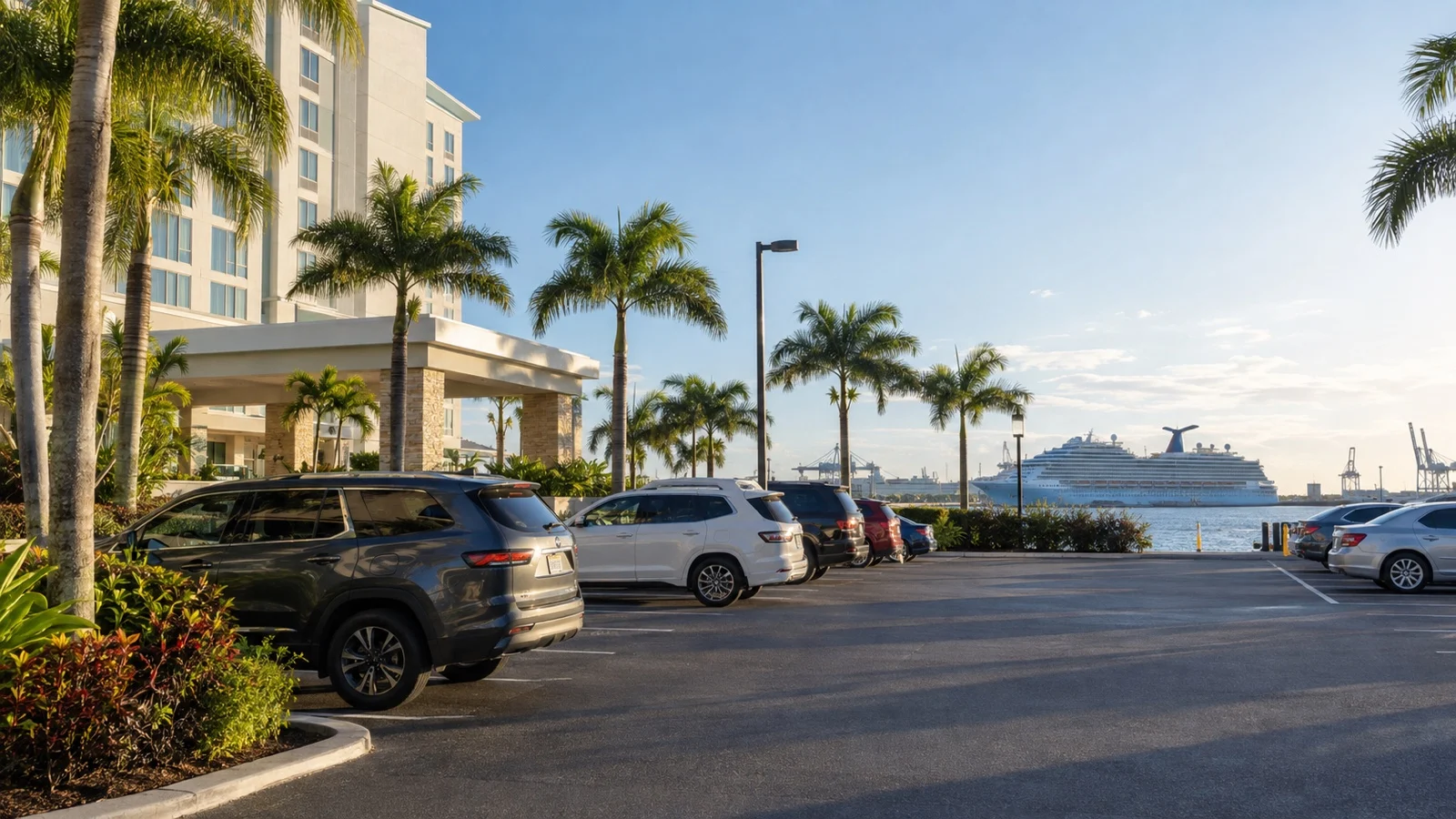 Unbranded hotel parking lot with cruise ship in distant harbor
