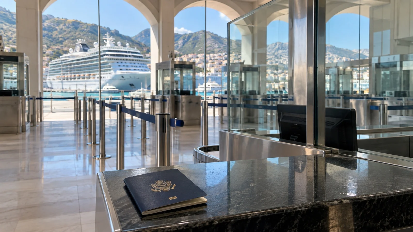 Empty cruise terminal immigration booths and passport on counter