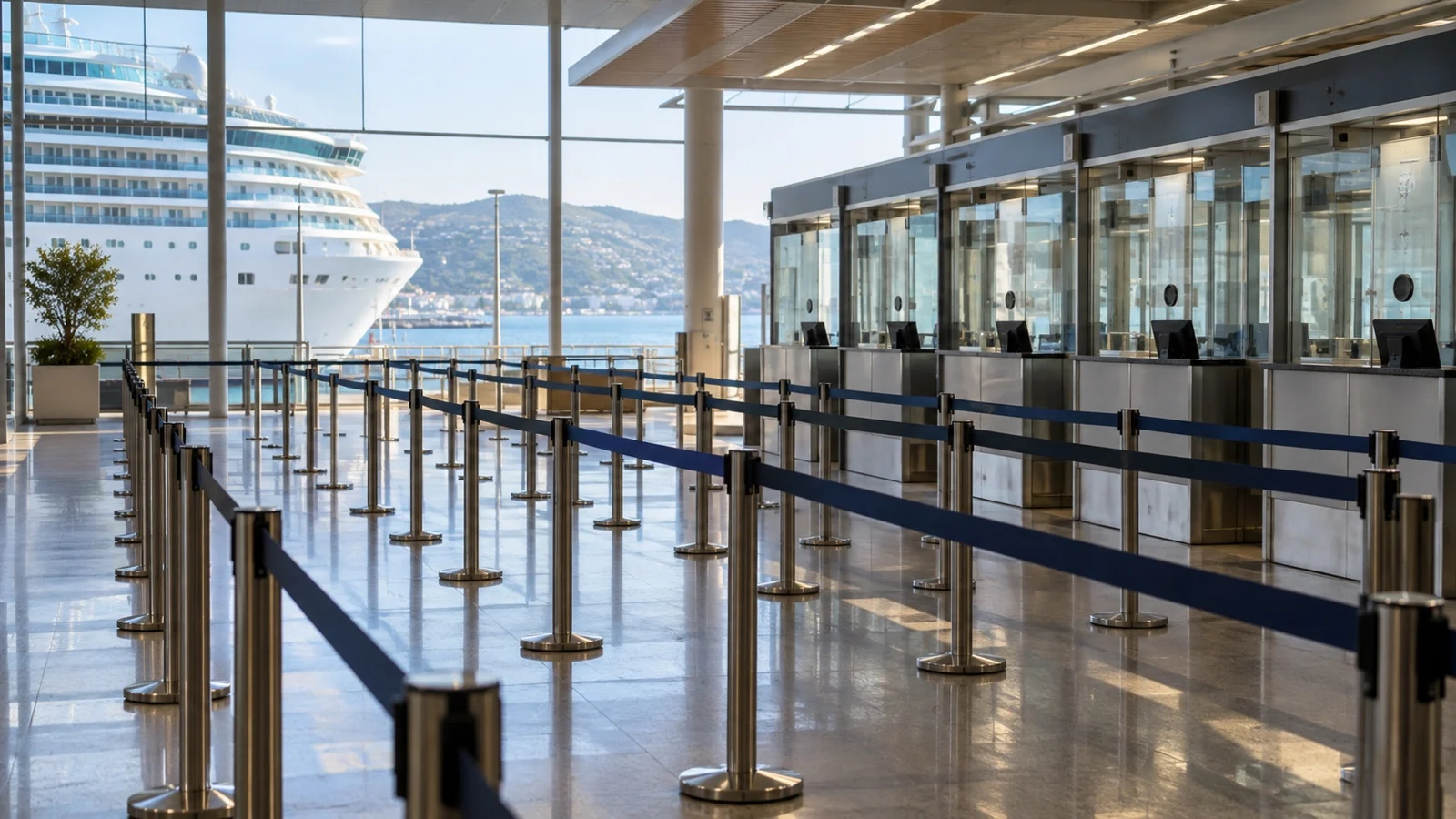 Empty roped queue leading to immigration booths in cruise terminal