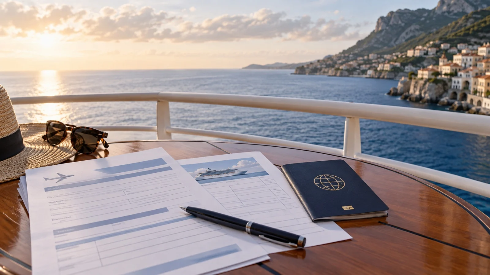 Blank travel insurance and cruise booking documents beside a passport and pen