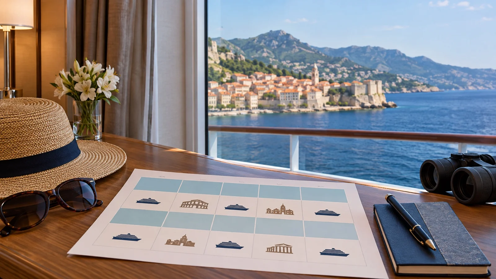Blank cruise itinerary with sea and port day blocks on cabin desk, no readable text
