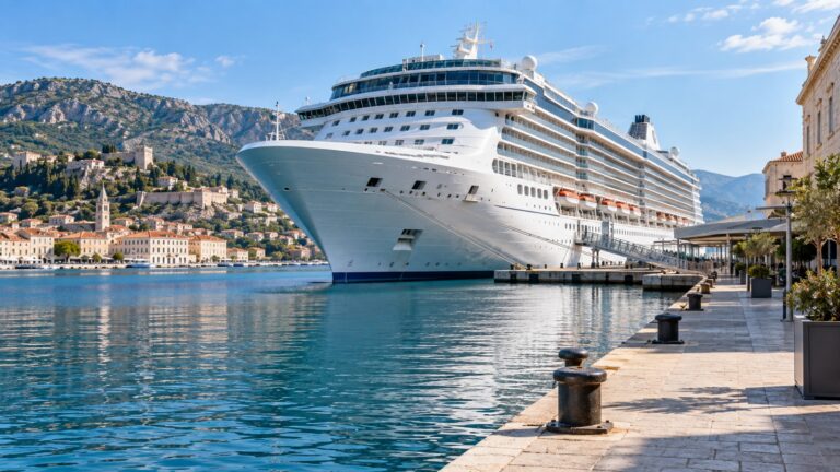 White cruise ship docked at a Mediterranean harbor before departure