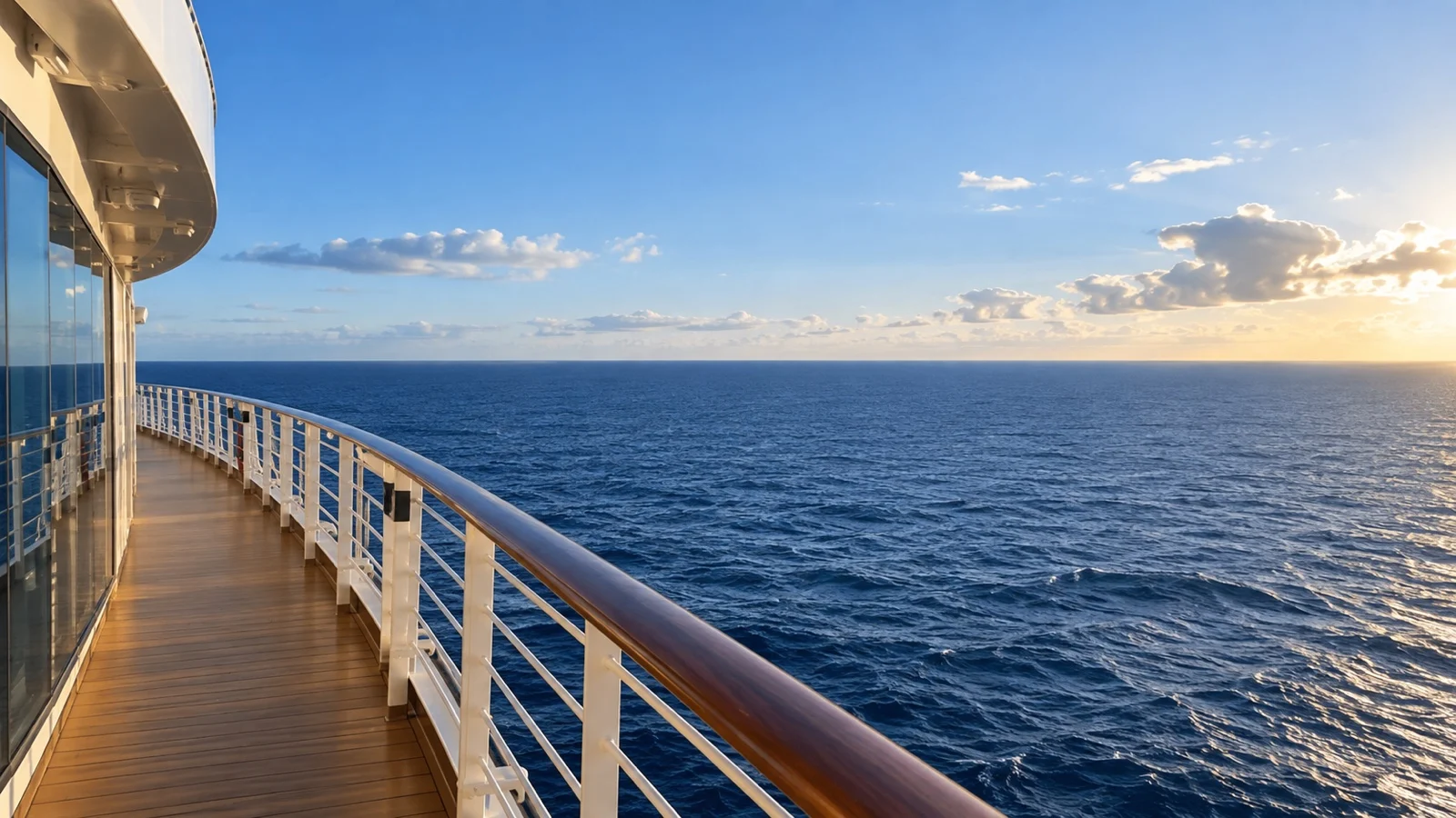 Empty cruise ship deck overlooking a remote ocean horizon, illustrating distance from medical care